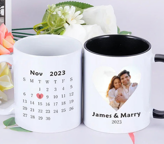 Custom Calendar Mug  -Make it personal by including picture, name of the couple and date of wedding. Valentines day, Christmas, Anniversary gift for husband or wife.